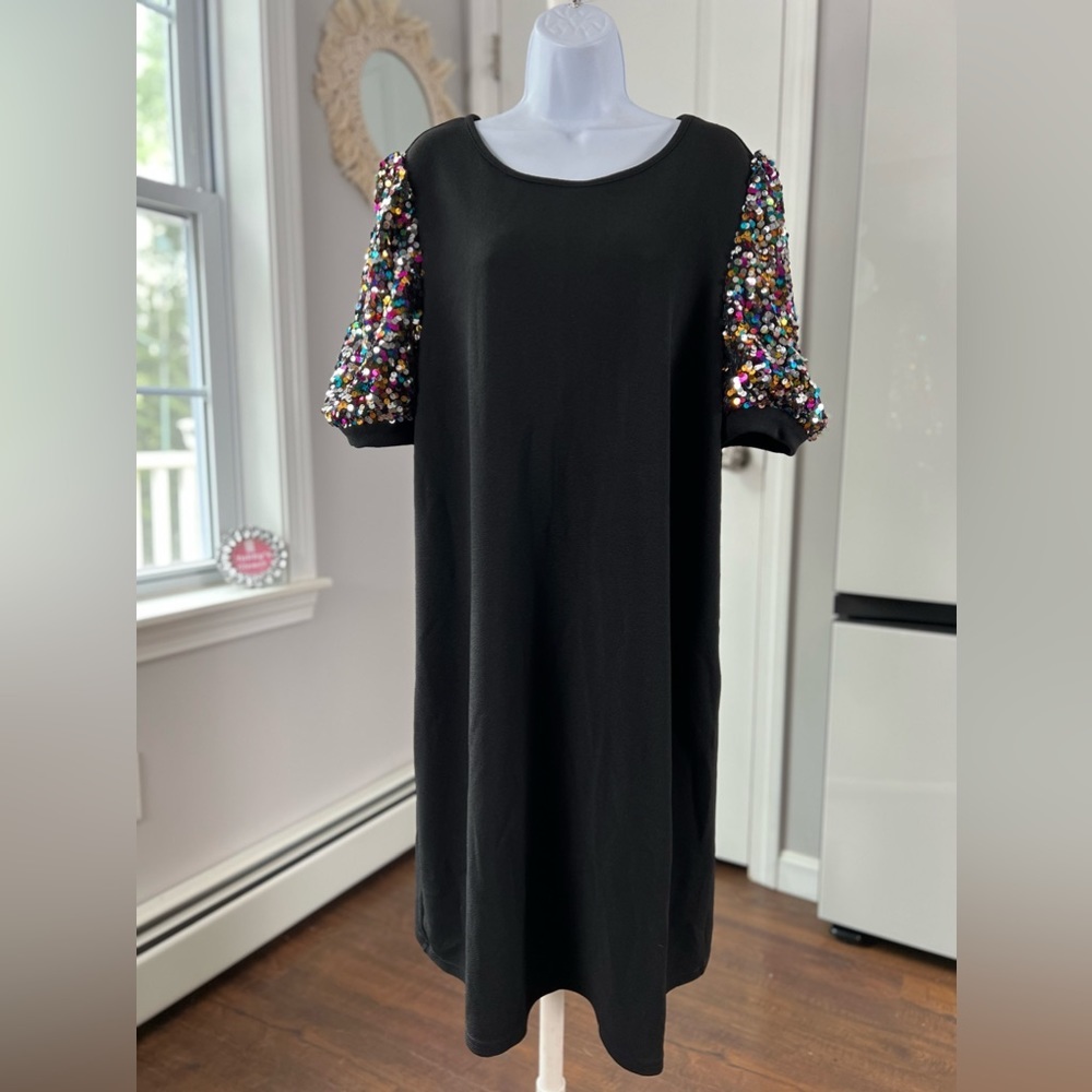 Black Short Sleeve Dress with Multicolor Sequin Puff Sleeves - Picture 4 of 12